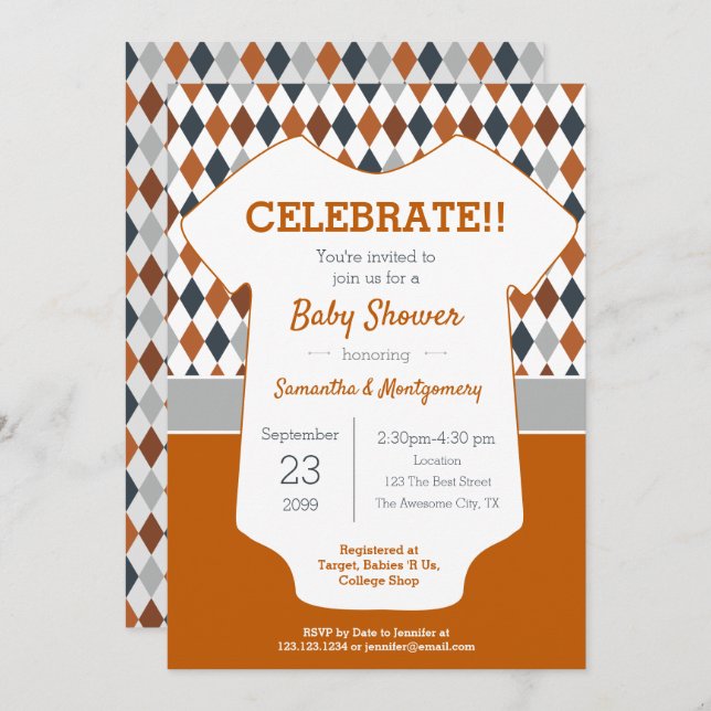 Burnt Orange and Grey Argyle Patterned Baby Shower Invitation (Front/Back)