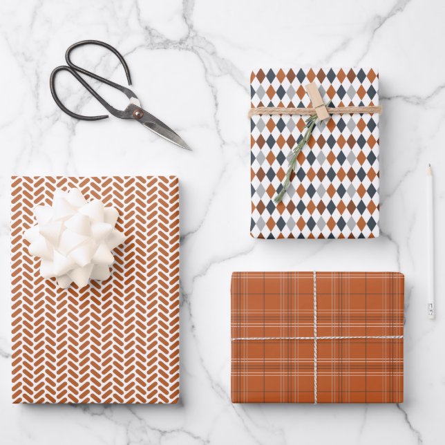 Burnt Orange and Grey Mixed Patterns Wrapping Paper Sheet (Front)