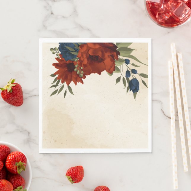 burnt orange and navy blue floral napkin (Insitu)