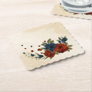 burnt orange and navy blue floral paper coaster