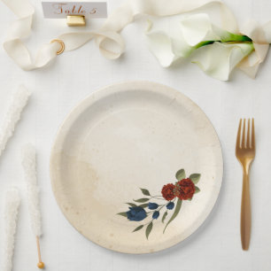 burnt orange and navy blue floral paper plate