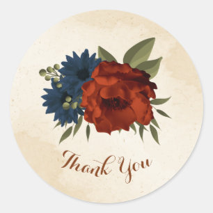 burnt orange and navy blue floral thank you classic round sticker