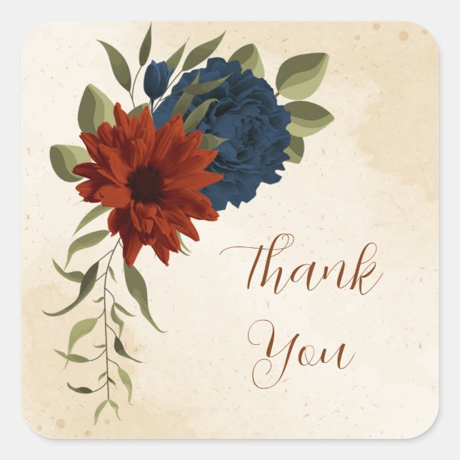 burnt orange and navy blue floral thank you square sticker (Front)