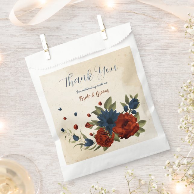 burnt orange and navy blue floral wedding favour bags (Clipped)