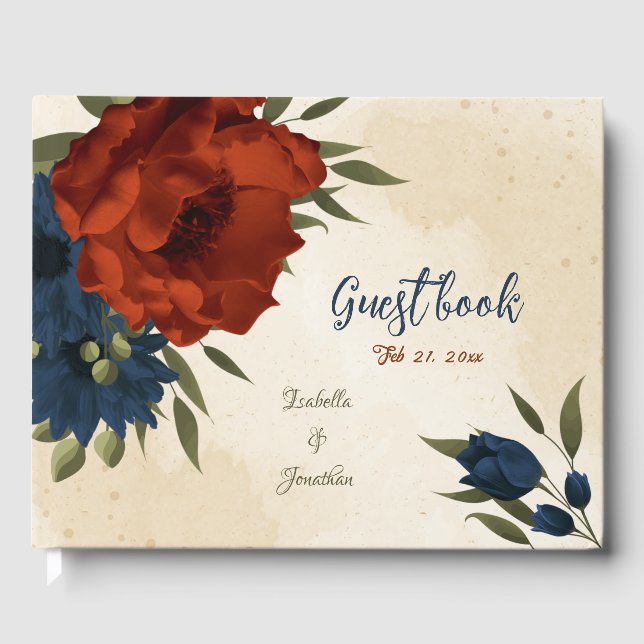 burnt orange and navy blue floral wedding guest book (Front)