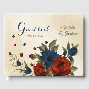 burnt orange and navy blue floral wedding guest book