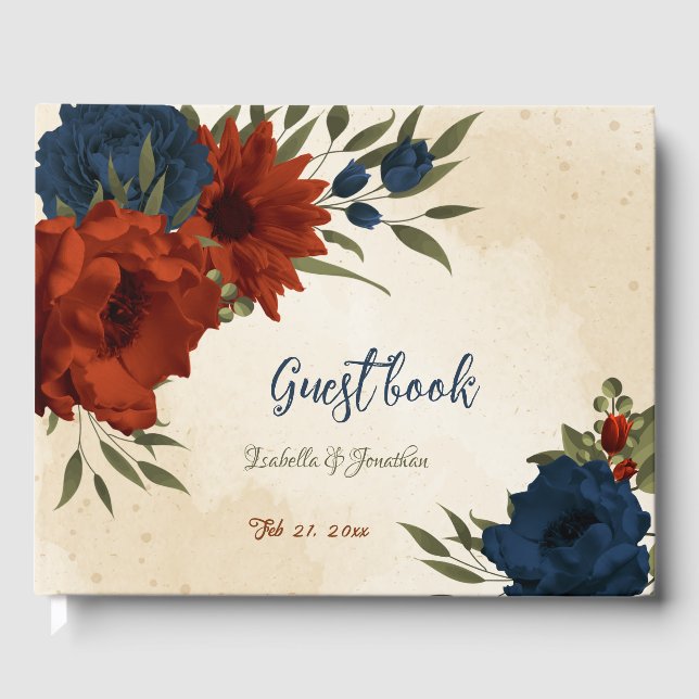 burnt orange and navy blue floral wedding guest book (Front)