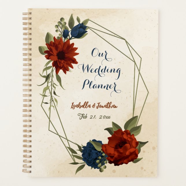 burnt orange and navy blue floral wedding planner (Front)