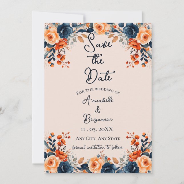 Burnt Orange and Navy Floral Save the Date Invitation (Front)