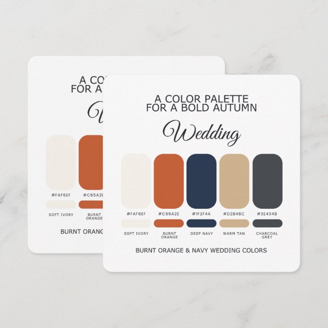 Burnt Orange and Navy Wedding Colour Palette Card (Front/Back)