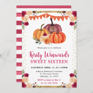 Burnt Orange and Red Floral Pumpkins Fall Sweet 16 Invitation