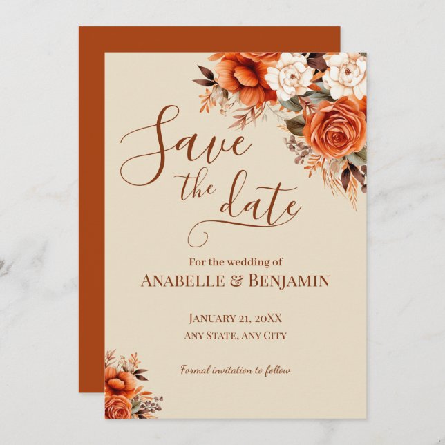 Burnt Orange and Rust Floral Wedding Save The Date (Front/Back)