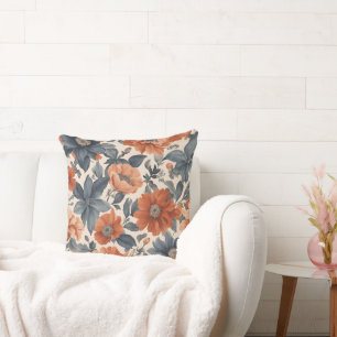 Burnt Orange and Smoky Blue Floral Cushion