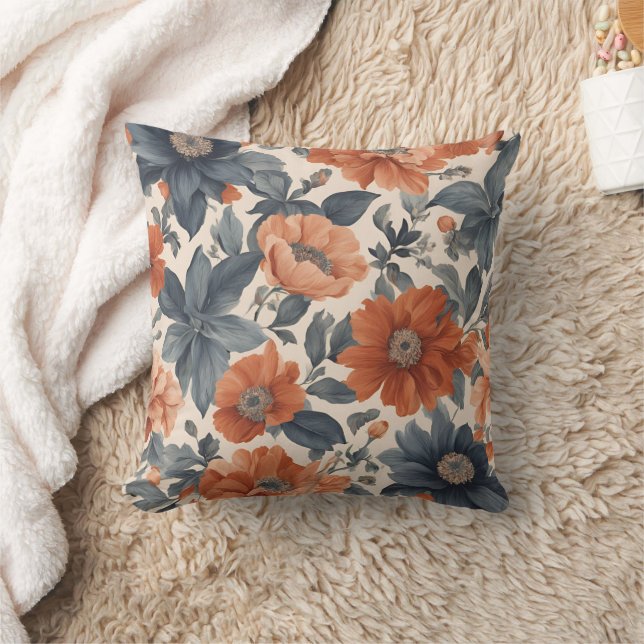 Burnt Orange and Smoky Blue Floral Cushion (Blanket)