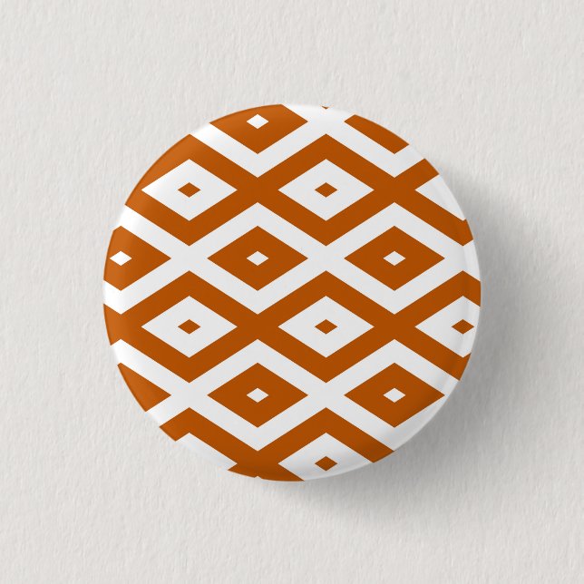 Burnt orange and white diamond pattern 3 cm round badge (Front)