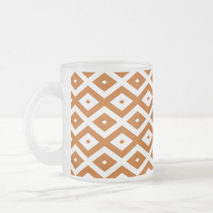 Burnt orange and white diamond pattern frosted glass coffee mug