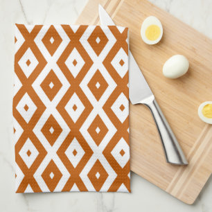 Burnt orange and white diamond pattern tea towel