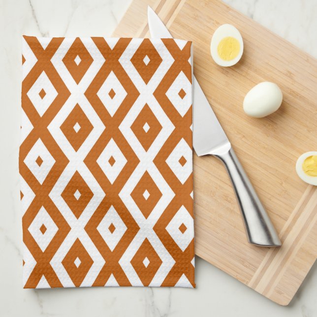 Burnt orange and white diamond pattern tea towel (Quarter Fold)