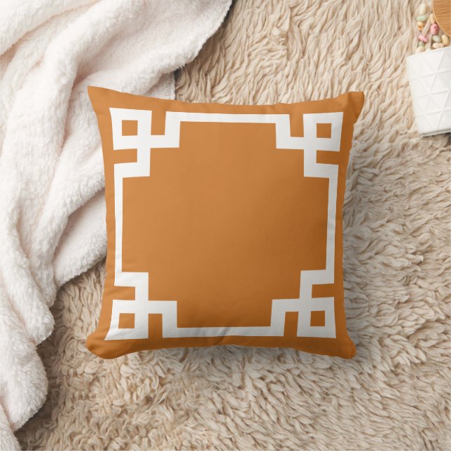 Burnt Orange and White Greek Key Border Cushion (Blanket)