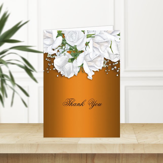 Burnt Orange and White Rose Bouquet Wedding Thank You Card (Creator Uploaded)