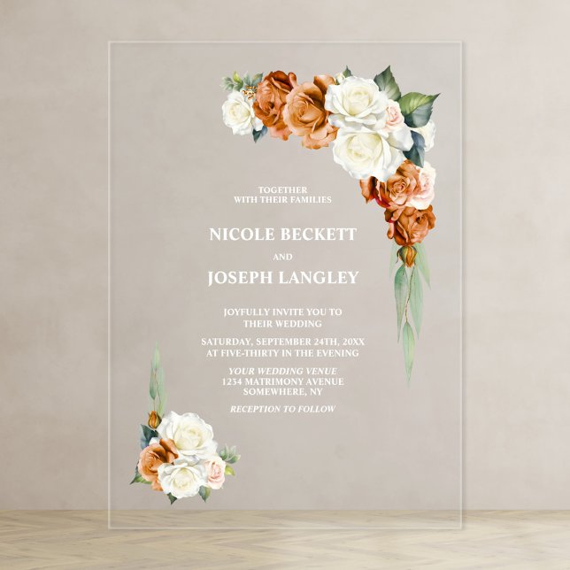 Burnt Orange and White Rose Floral Wedding Acrylic Invitations (Creator Uploaded)