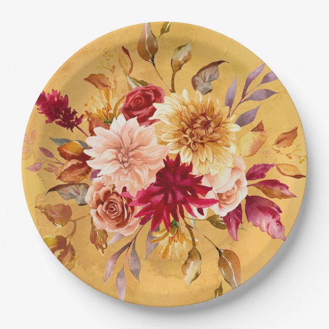 Burnt Orange and Yellow Dahlia Flowers Wedding Paper Plate (Front)