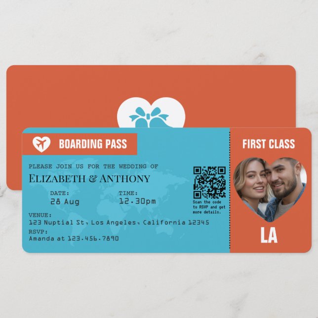 Burnt Orange & Aqua Blue Boarding Pass Wedding Invitation (Front/Back)