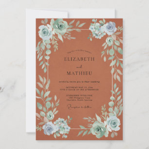 Burnt Orange Aqua Leaf Wedding Invitation