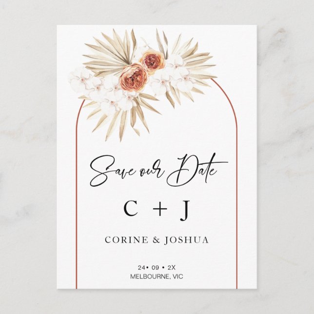 Burnt Orange Arch Dry Floral Save The Date  Postcard (Front)