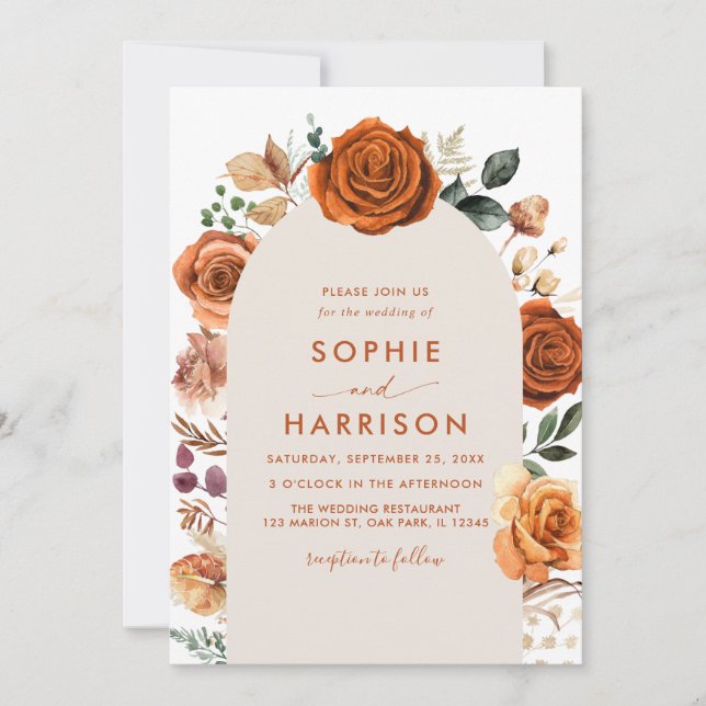 Burnt Orange Arch Floral Rust Wedding All In One Invitation (Front)