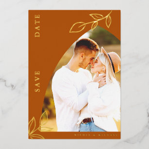 Burnt Orange Arch Foil Leaf Save The Date Card