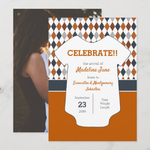 Burnt Orange Argyle Pattern Baby Photo Announcement