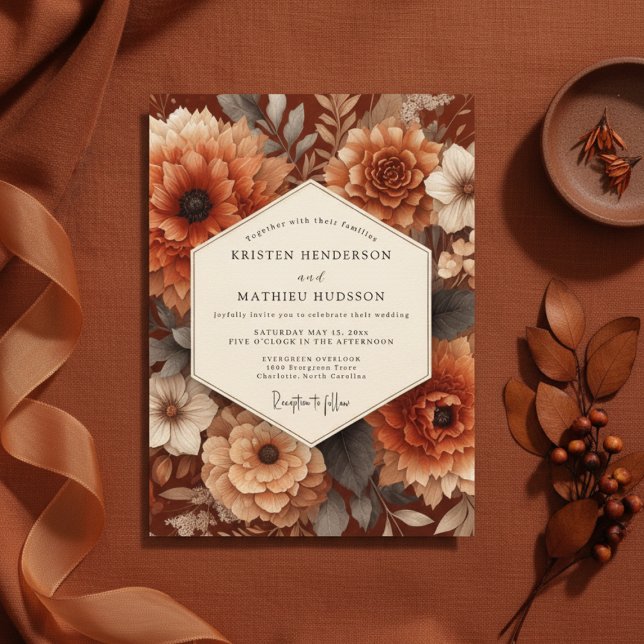 Burnt Orange Autumn Bloom Wedding Invitation (Creator Uploaded)