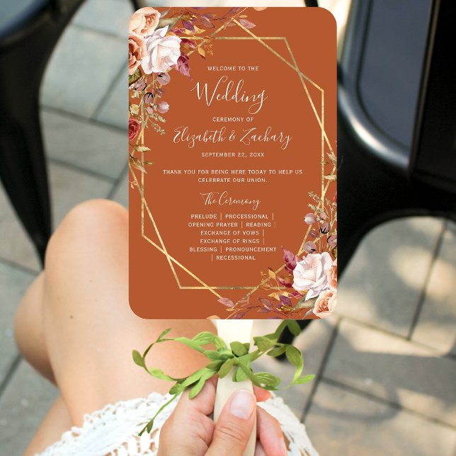 Burnt Orange Autumn Floral Wedding Program Hand Fan (Creator Uploaded)
