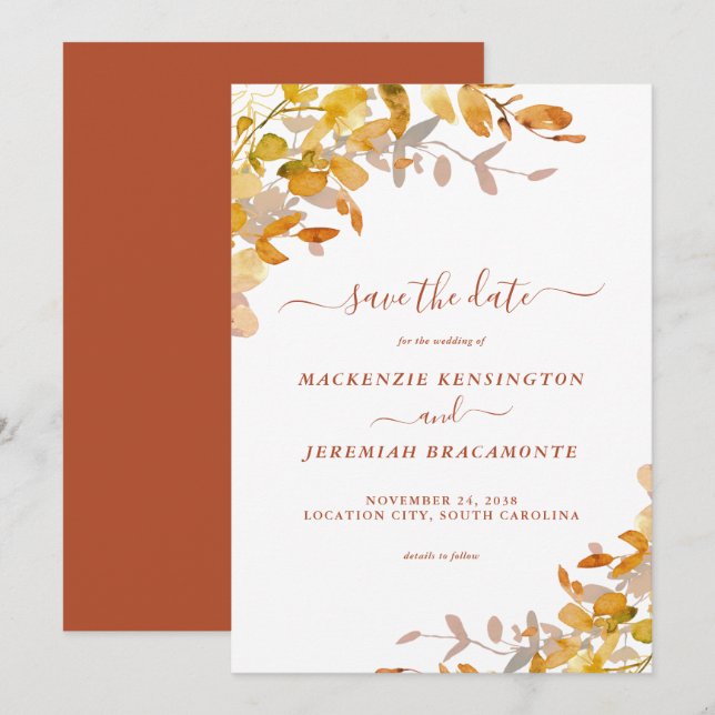 Burnt Orange Autumn Leaves Wedding Save the Date (Front/Back)