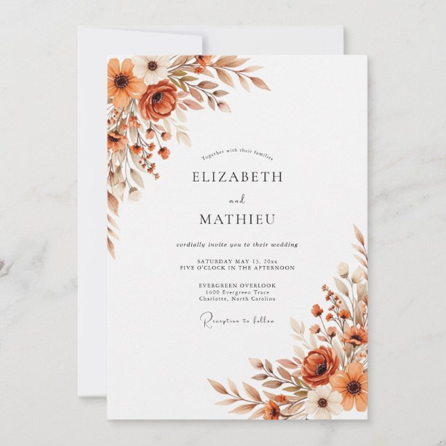 Burnt Orange Autumnal Botanical Wedding Invitation (Front)