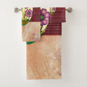 Burnt Orange Beige Floral Bathroom Towel Sets