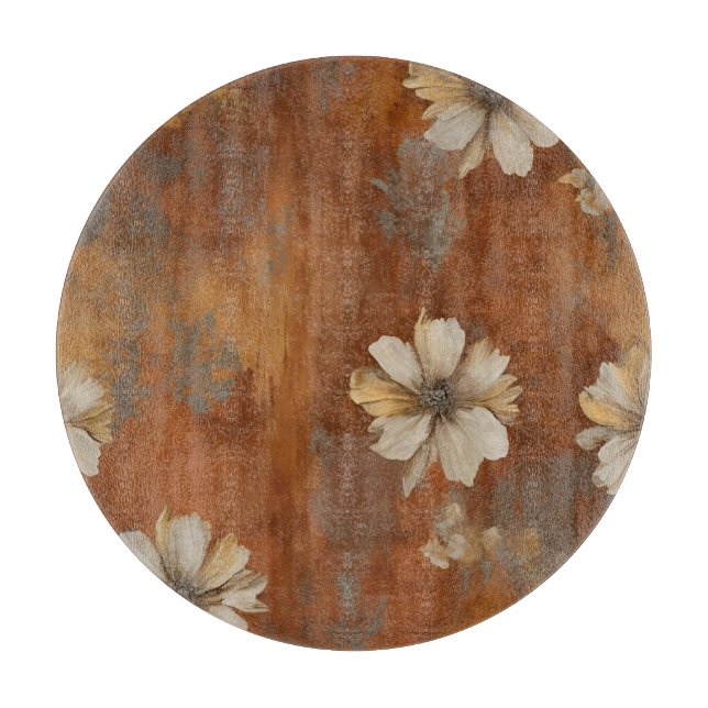 Burnt Orange Beige Grey Farmhouse Floral Cutting Board (Front)