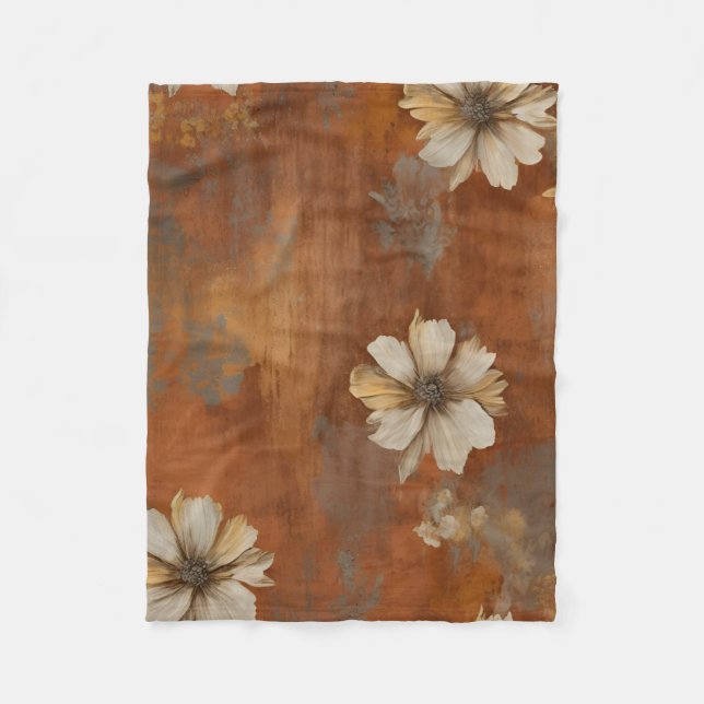 Burnt Orange Beige Grey Farmhouse Floral Small Fleece Blanket (Front)