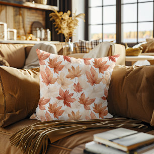 Burnt Orange Beige Watercolor Fall Leaves Pattern Cushion