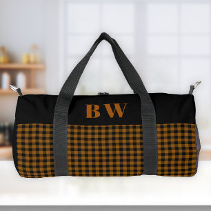 Burnt Orange Black Buffalo Check Bold Monogram  Duffle Bag