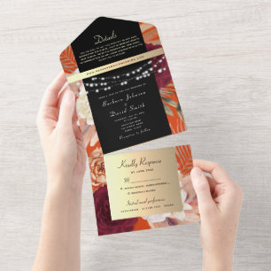 Burnt Orange Black Gold String Lights Wedding All In One Invitation