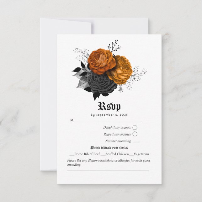 Burnt Orange & Black Gothic Halloween Roses RSVP Card (Front)