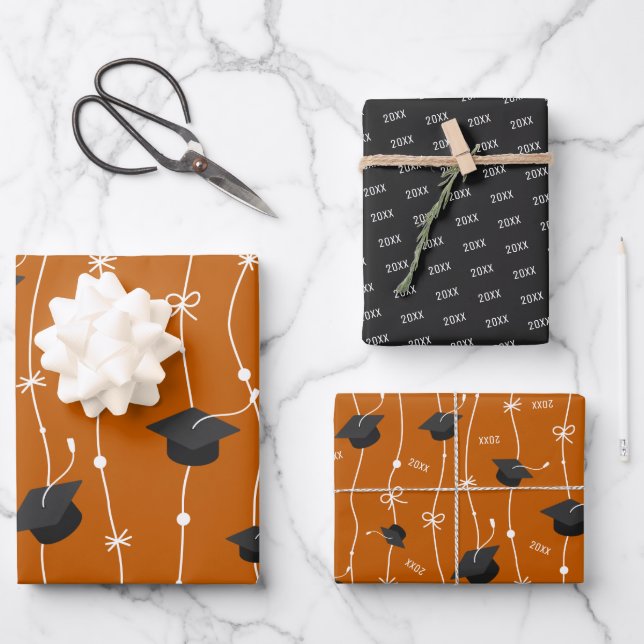Burnt Orange & Black Graduation Cap Toss Wrapping Paper Sheet (Front)