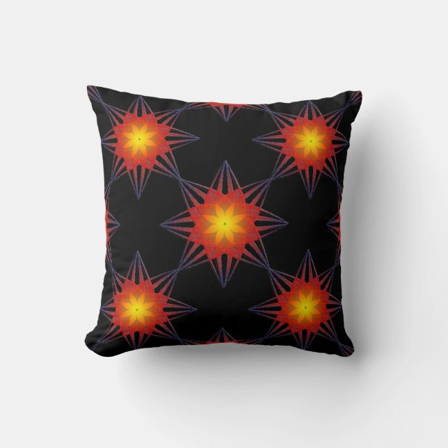 Burnt Orange Black Yellow Star Flower Cushion (Front)