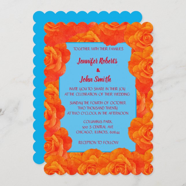 Burnt Orange Blue Floral QR Code Roses Wedding Invitation (Front/Back)
