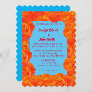 Burnt Orange Blue Floral QR Code Roses Wedding Invitation