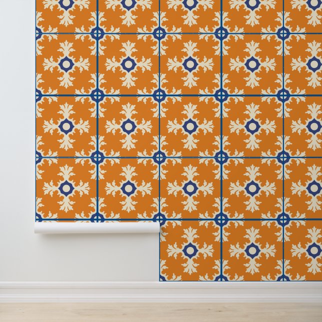Burnt Orange Blue Spanish Tile Mediterranean Wall  (Application)