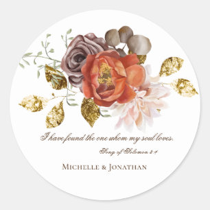 Burnt Orange Blush Floral Christian Bible Wedding Classic Round Sticker