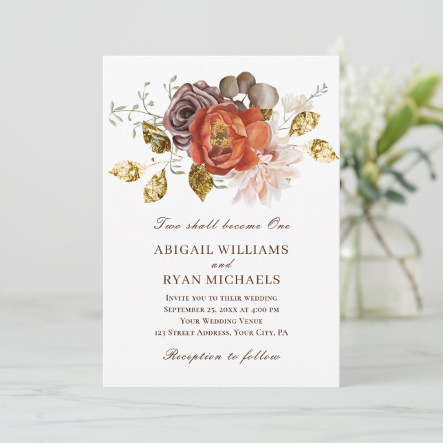 Burnt Orange Blush Gold Floral Christian Wedding Invitation (Standing Front)